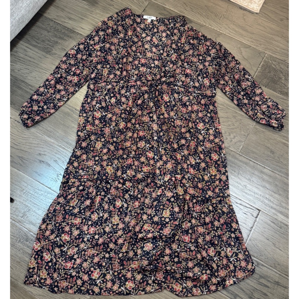 Moa Moa Floral Print Midi Dress Long Sleeve Tiered Casual 1X Cottagecore - Picture 2 of 7
